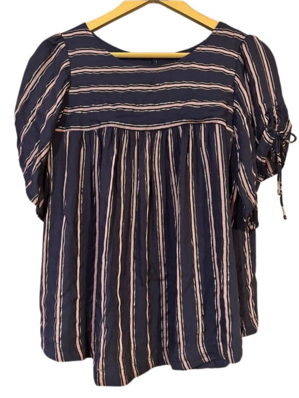 Anthropologie Navy Stripe Glitter Top Tie Sleeve Blouse Women Small